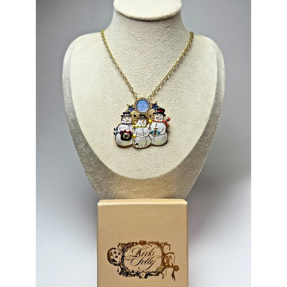 Kirk's Folly Seaview Moon Snowmen Carolers Pendant Brooch 20" Gold Tone Chain
